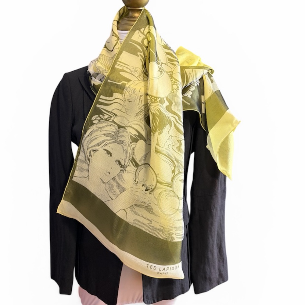 VTG Ted Lapidus Paris Silk Scarf Made in France Double Layer Sheer Art Nouveau